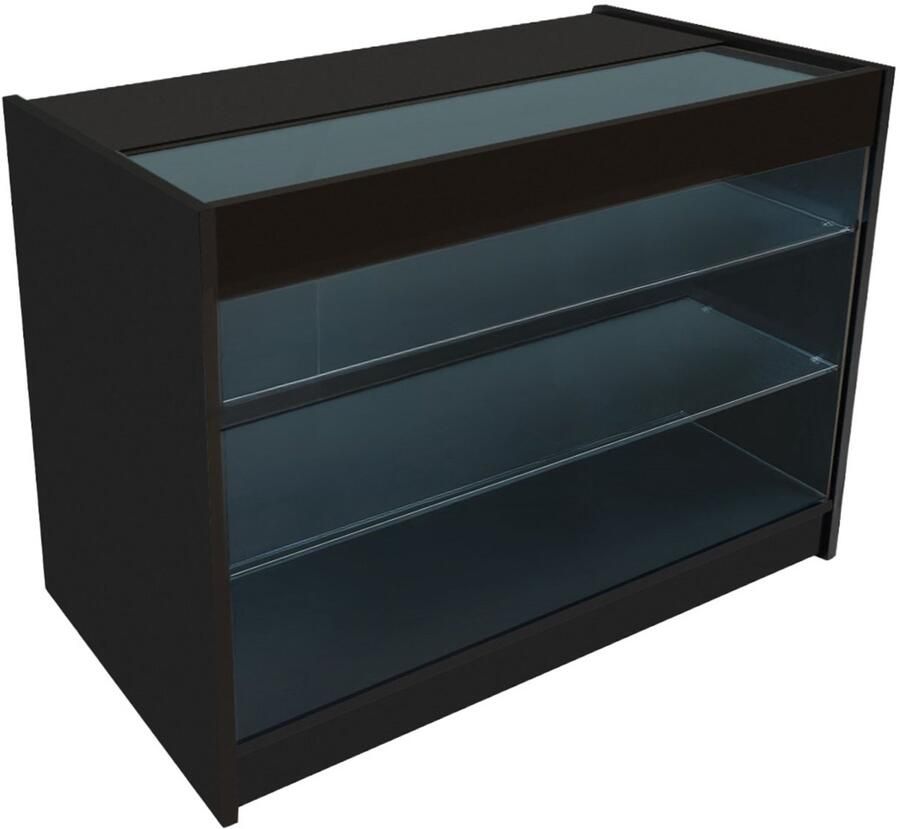 Monster Shop NL Zwart Winkel Toonbank LED Verlichting K1200 Afsluitbaar Schuifdeuren 2 Sleutels Detailhandel Opbergkast Glas Vitrine Display Kast Receptie Bureau 3 Planken Koele Witte Lampen