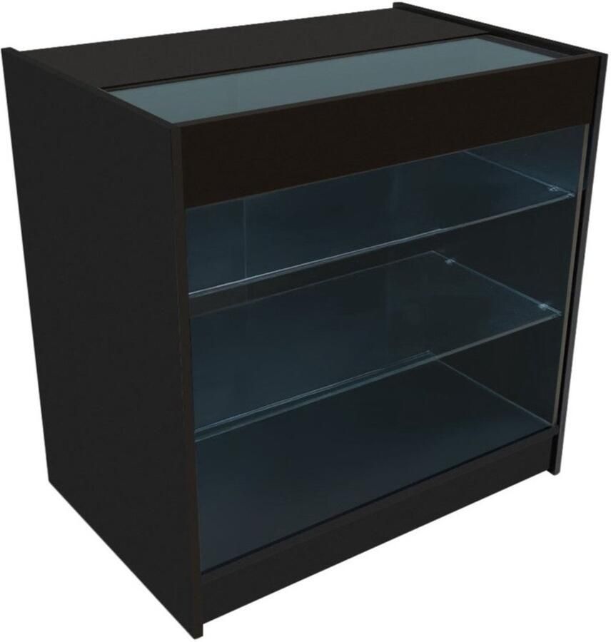 Monster Shop NL Zwart Winkel Toonbank LED Verlichting K900 Afsluitbaar Schuifdeuren 2 Sleutels Detailhandel Opbergkast Glas Vitrine Display Kast Receptie Bureau 3 Planken Koele Witte Lampen