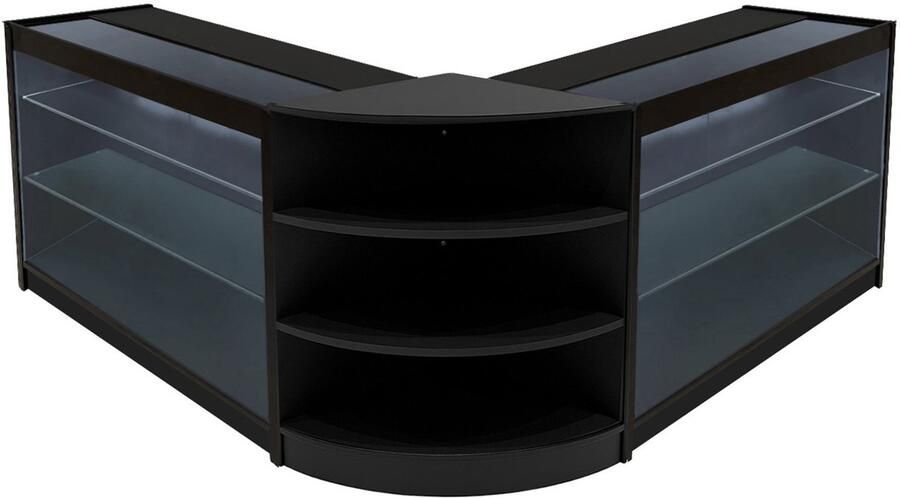 Monster Shop NL Zwart Winkel Toonbank Set Apollo LED Verlichting K1200 LM60 Afsluitbaar Schuifdeuren Sleutels 3 Detailhandel Hoek Opbergkast Glas Vitrine Display Kast Binnen Planken Witte Lampen