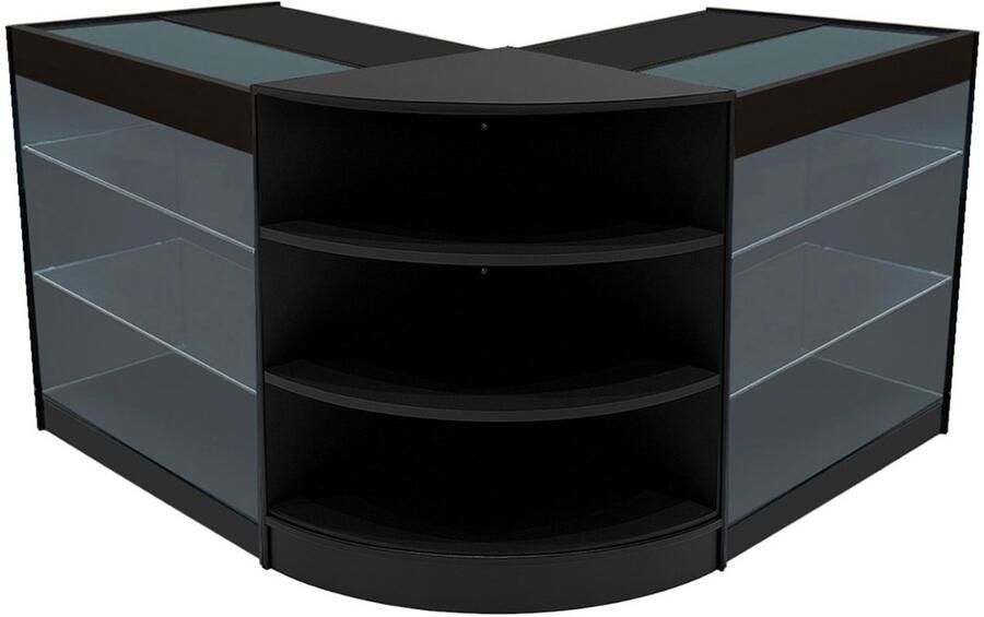 Monster Shop NL Zwart Winkel Toonbank Set Apollo LED Verlichting K900 LM60 Afsluitbaar Schuifdeuren Sleutels 3 Detailhandel Hoek Opbergkast Glas Vitrine Display Kast Planken Witte Lampen