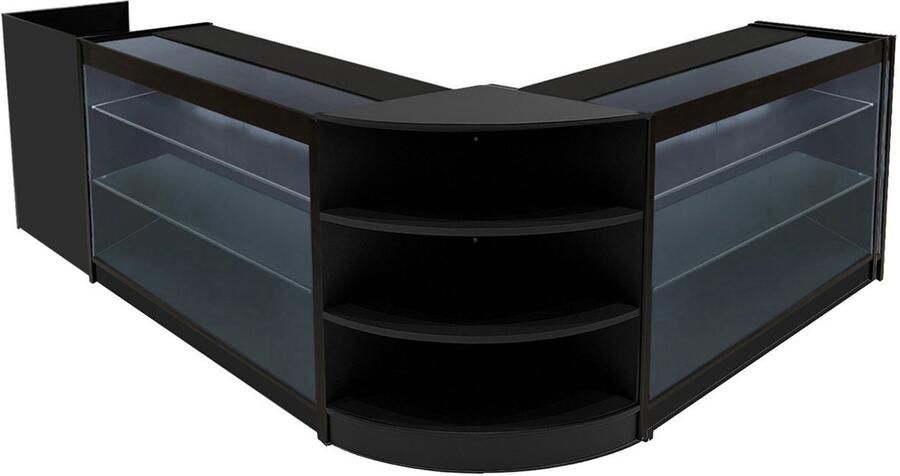 Monster Shop NL Zwart Winkel Toonbank Set Astro LED Verlichting K1200 LM60 TB60 Afsluitbaar Schuifdeuren Sleutels 3 Detailhandel Opbergkast Kassabalie Glas Hoek Vitrine Display Kast Planken Lampen