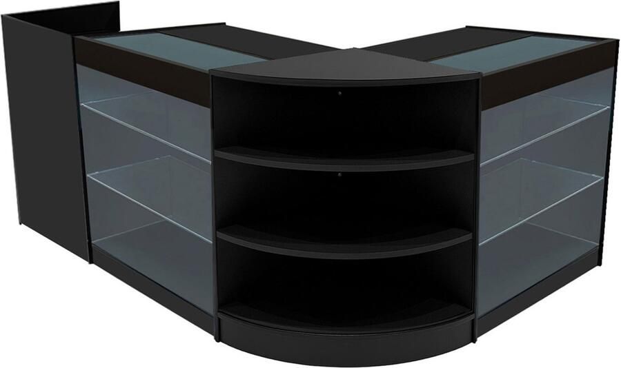 Monster Shop NL Zwart Winkel Toonbank Set Astro LED Verlichting K900 LM60 TB60 Afsluitbaar Schuifdeuren Sleutels 3 Detailhandel Opbergkast Kassabalie Glas Hoek Vitrine Display Kast Planken Lampen