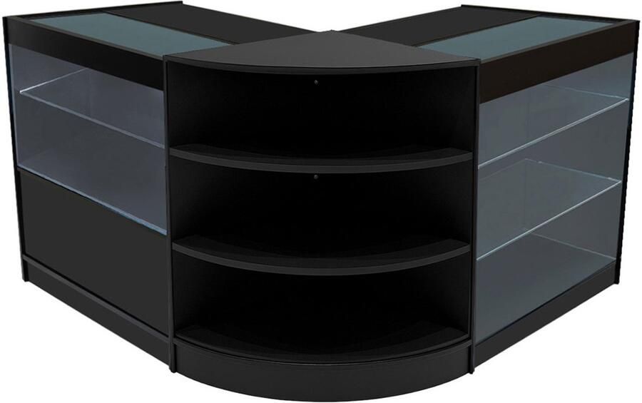 Monster Shop NL Zwart Winkel Toonbank Set Calliope LED Verlichting K900 C900 LM60 Afsluitbaar Schuifdeuren Sleutels 3 Detailhandel Opbergkast Kassabalie Glas Hoek Vitrine Display Kast Binnen Planken Witte Lampen