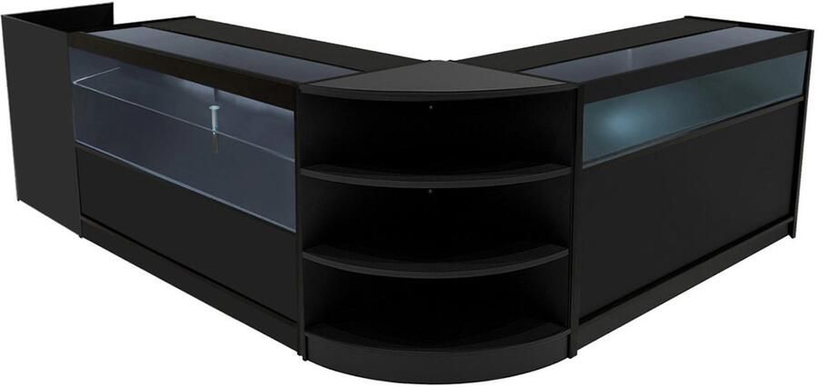 Monster Shop NL Zwart Winkel Toonbank Set Europa LED Verlichting B1500 C1500 LM60 TB60 Afsluitbaar Schuifdeuren Sleutels 3 Detailhandel Opbergkast Kassabalie Glas Vitrine Kast Hoek Planken Witte Lampen