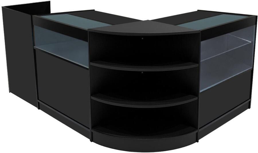 Monster Shop NL Zwart Winkel Toonbank Set Europa LED Verlichting B900 C900 LM60 TB60 Afsluitbaar Schuifdeuren Sleutels 3 Detailhandel Opbergkast Kassabalie Glas Vitrine Kast Hoek Planken Witte Lampen