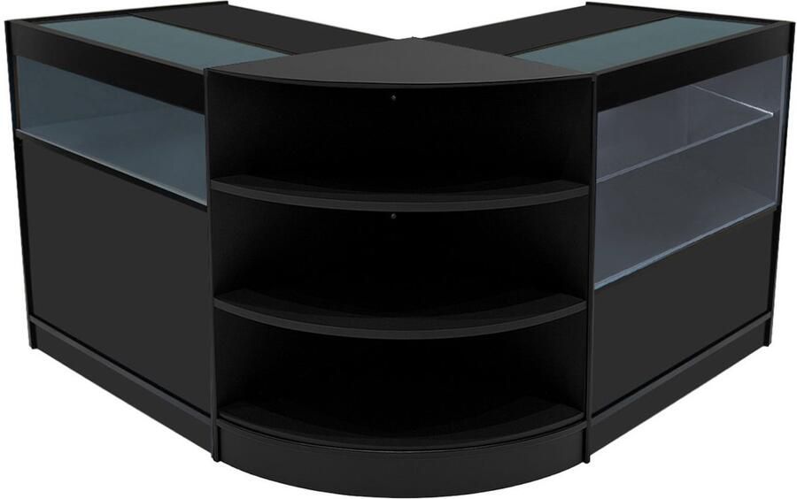 Monster Shop NL Zwart Winkel Toonbank Set Harmonia LED Verlichting B900 C900 LM60 Afsluitbaar Schuifdeuren Sleutels 3 Detailhandel Opbergkast Glas Vitrinekast Hoek Binnen Planken Witte Lampen