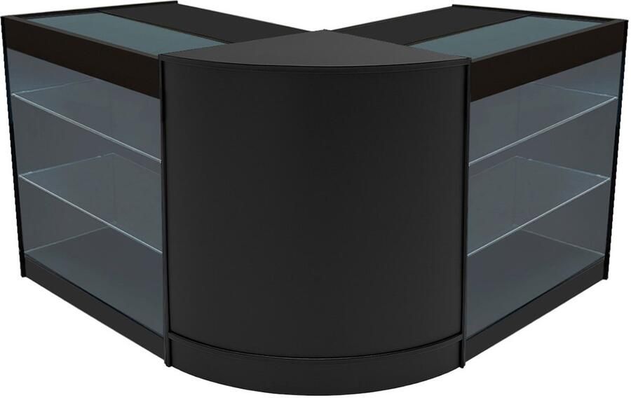 Monster Shop NL Zwart Winkel Toonbank Set Helios LED Verlichting K900 CM60 Afsluitbaar Schuifdeuren Sleutels 3 Detailhandel Opbergkast Glas Vitrinekast Hoek Binnen Planken Witte Lampen