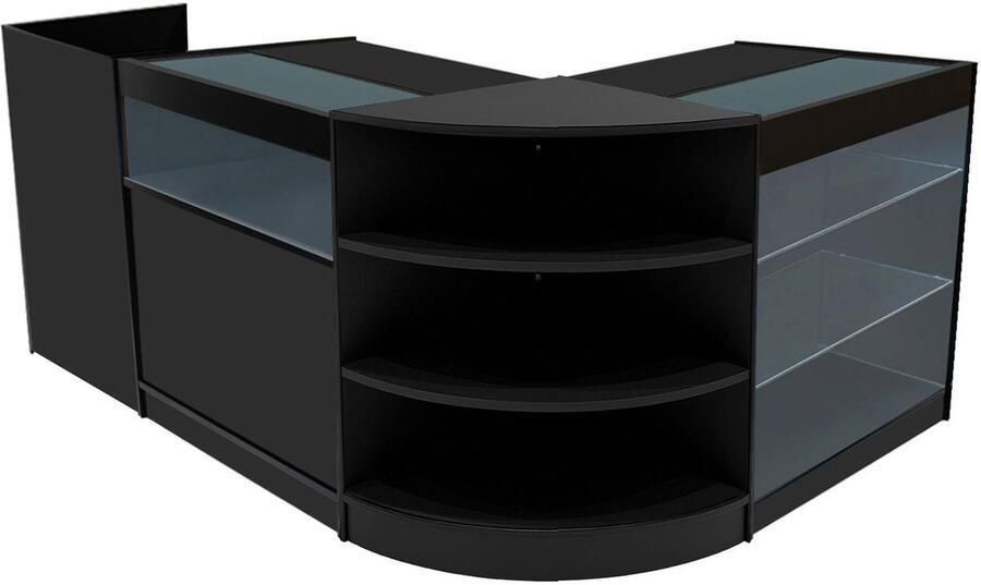 Monster Shop NL Zwart Winkel Toonbank Set Hyperion LED Verlichting K900 B900 LM60 TB60 Afsluitbaar Schuifdeuren Sleutels 3 Detailhandel Opbergkast Kassabalie Glas Vitrinekast Hoek Planken Witte Lampen