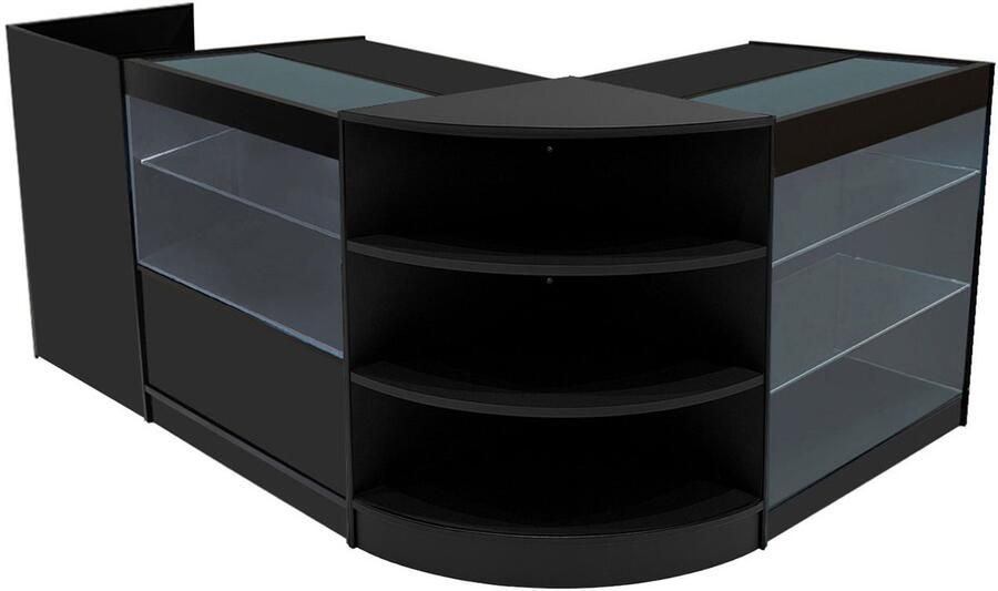 Monster Shop NL Zwart Winkel Toonbank Set Theia LED Verlichting K900 C900 LM60 TB60 Afsluitbaar Schuifdeuren Sleutels Detailhandel Opbergkast Kassabalie Glas Vitrinekast Hoek Binnen Planken Schappen Witte Lampen