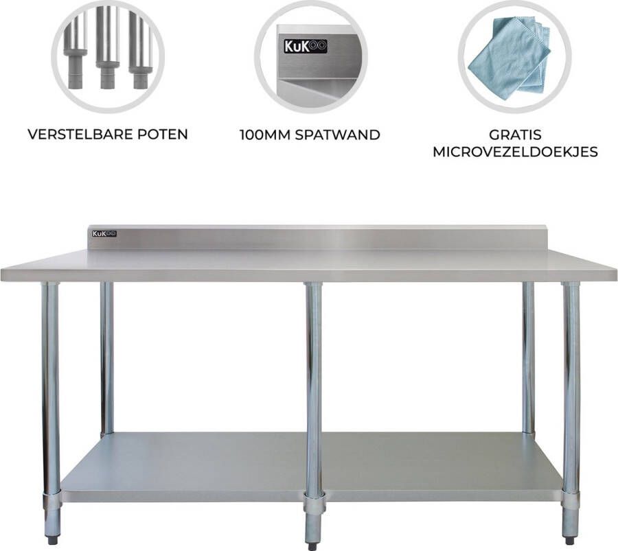 Monster Shop NL Commerciële Horeca Werktafel Catering RVS 213 x 60 x 90 cm Tafel Roestvrij Staal Gastronomie Voedselbereiding Keuken 250 kg Gewichtscapiciteit Draagkracht Stevig Spatrand 2 x Microvezeldoeken