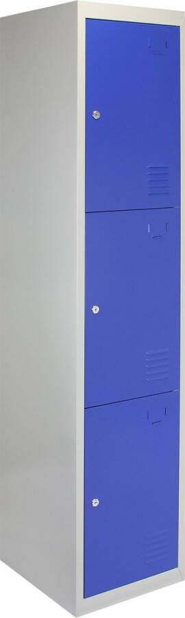 MonsterShop Lockerkast Metaal Blauw Driedeurs Flatpack 38cm(B)x38cm(D)x180cm(H) Ventilatie 2 GRATIS magneten lockers kluisjes - Foto 1