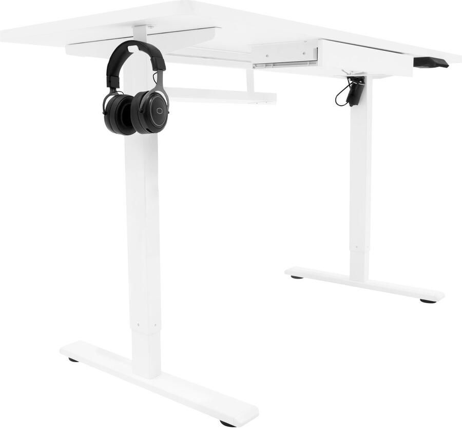 Monster Shop Elektrisch Staand Bureau 140 x 60 cm Wit in hoogte verstelbaar ergonomisch zit-naar-stand Computer Werkstation Ingebouwd Lade USB A & C Oplaadkabel Zak Haak Kantoor Tafel Timer Slim Bedieningspaneel