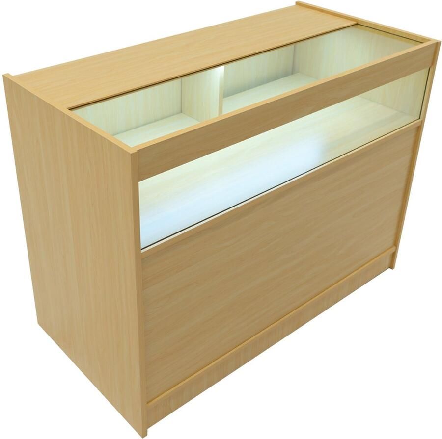 MonsterShop Esdoorn Winkel Toonbank LED Verlichting B1200 Afsluitbaar Schuifdeuren 2 Sleutels Detailhandel Opbergkast Glas Vitrine Display Kast Receptie Bureau 3 Planken 1 Open 2 Gesloten Schappen Witte Lampen