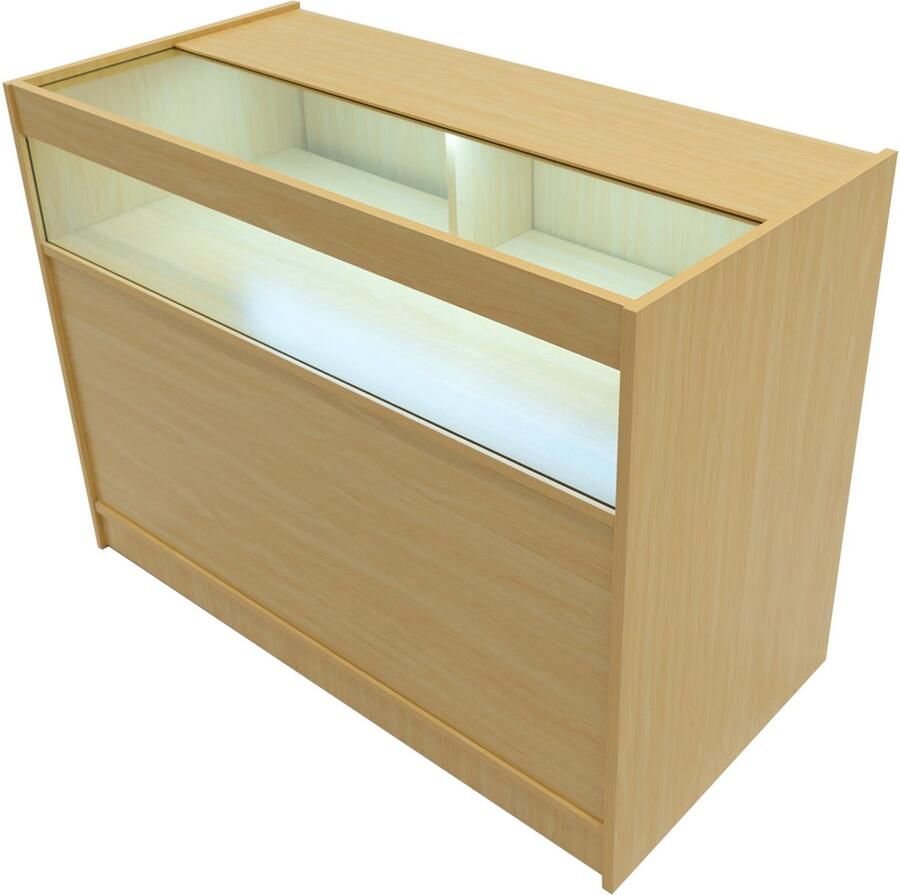 MonsterShop Esdoorn Winkel Toonbank LED Verlichting B1200 Afsluitbaar Schuifdeuren 2 Sleutels Detailhandel Opbergkast Glas Vitrine Display Kast Receptie Bureau 3 Planken 1 Open 2 Gesloten Schappen Witte Lampen - Foto 2