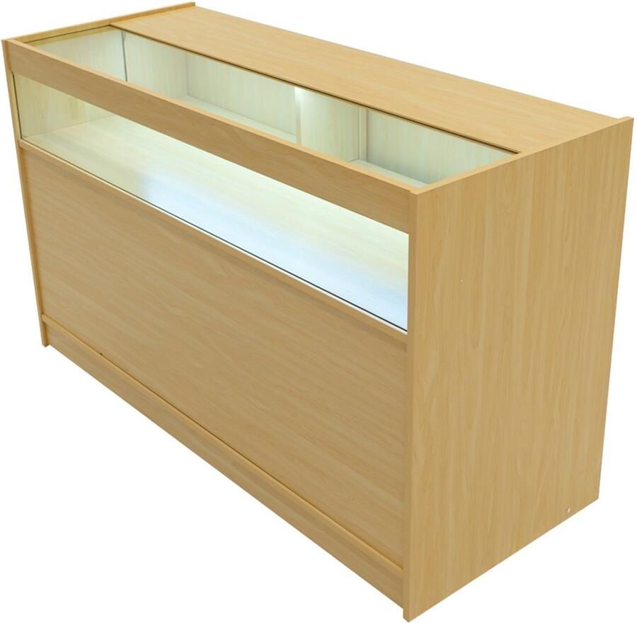 MonsterShop Esdoorn Winkel Toonbank LED Verlichting B1500 Afsluitbaar Schuifdeuren 2 Sleutels Detailhandel Opbergkast Glas Vitrine Display Kast Receptie Bureau 3 Planken 1 Open Schap 2 Gesloten Schappen Witte Lampen