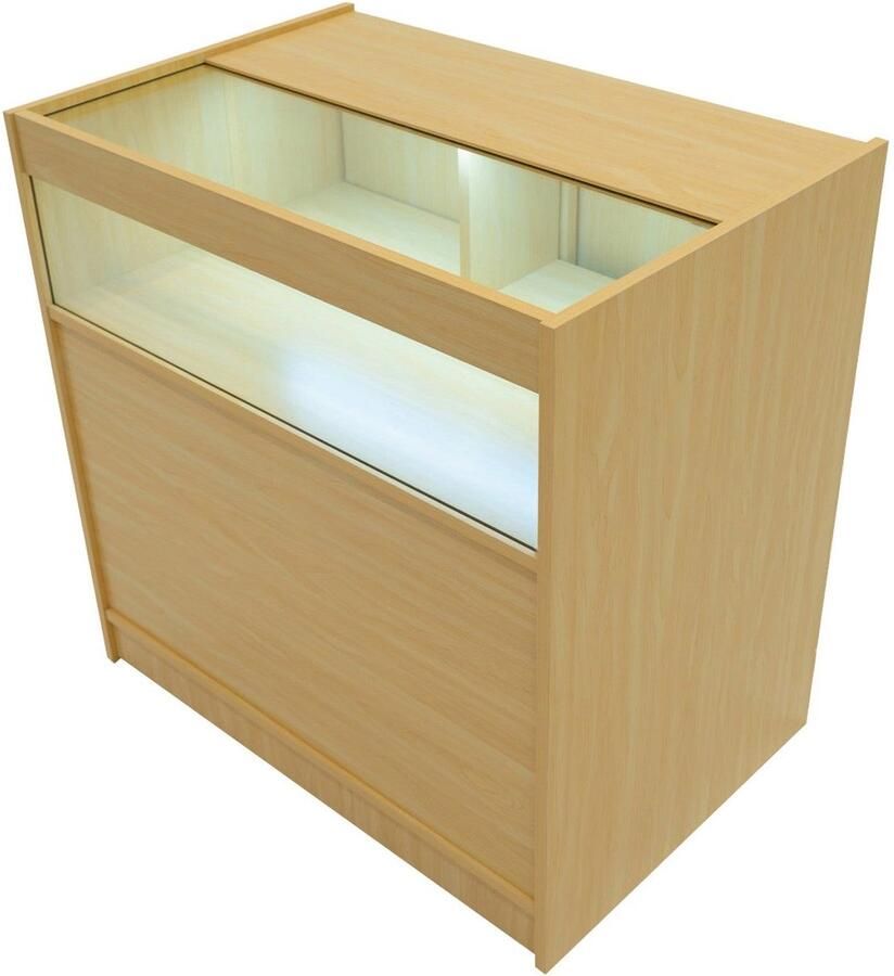 MonsterShop Esdoorn Winkel Toonbank LED Verlichting B900 Afsluitbaar Schuifdeuren 2 Sleutels Detailhandel Opbergkast Glas Vitrine Display Kast Receptie Bureau 3 Planken 1 Open 2 Gesloten Schappen Witte Lampen