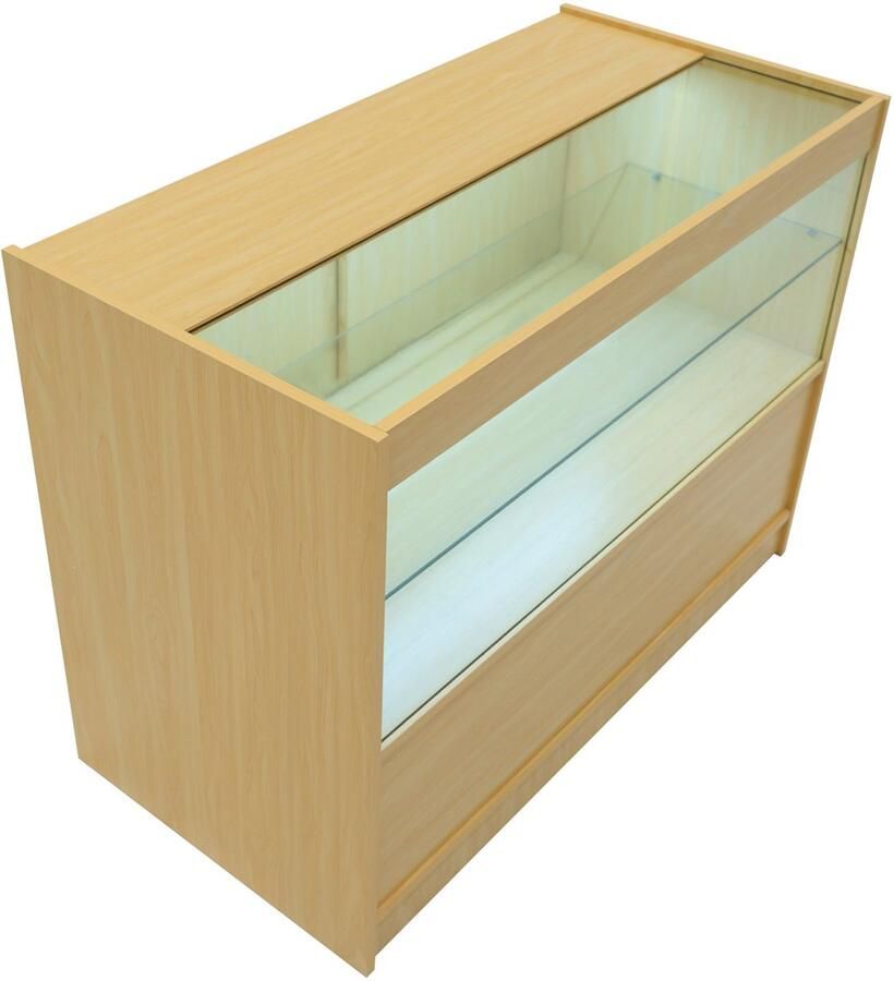 MonsterShop Esdoorn Winkel Toonbank LED Verlichting C1200 Afsluitbaar Schuifdeuren 2 Sleutels Detailhandel Opbergkast Glas Vitrine Display Kast Receptie Bureau 3 Planken 2 Open 1 Gesloten Schappen Witte Lampen