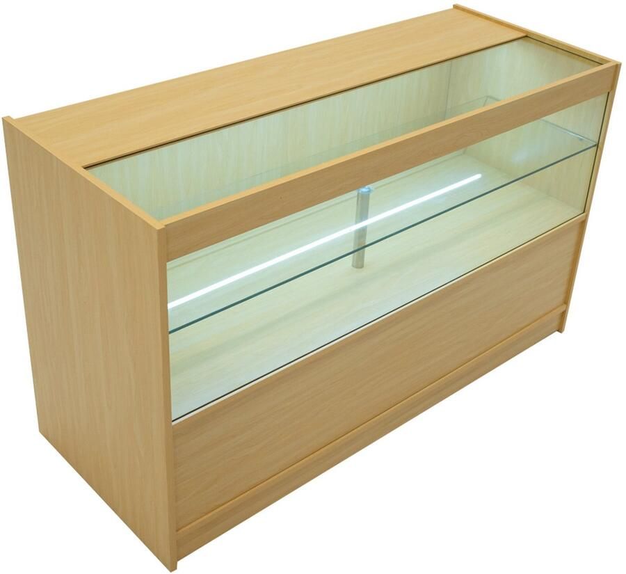 MonsterShop Esdoorn Winkel Toonbank LED Verlichting C1500 Afsluitbaar Schuifdeuren 2 Sleutels Detailhandel Opbergkast Glas Vitrine Display Kast Receptie Bureau 3 Planken 2 Open Schappen 1 Gesloten Schap Lampen
