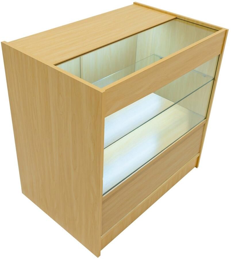 MonsterShop Esdoorn Winkel Toonbank LED Verlichting C900 Afsluitbaar Schuifdeuren 2 Sleutels Detailhandel Opbergkast Glas Vitrine Display kast Receptie Bureau 3 Planken 2 Open Schappen 1 Gesloten Schap Lampen