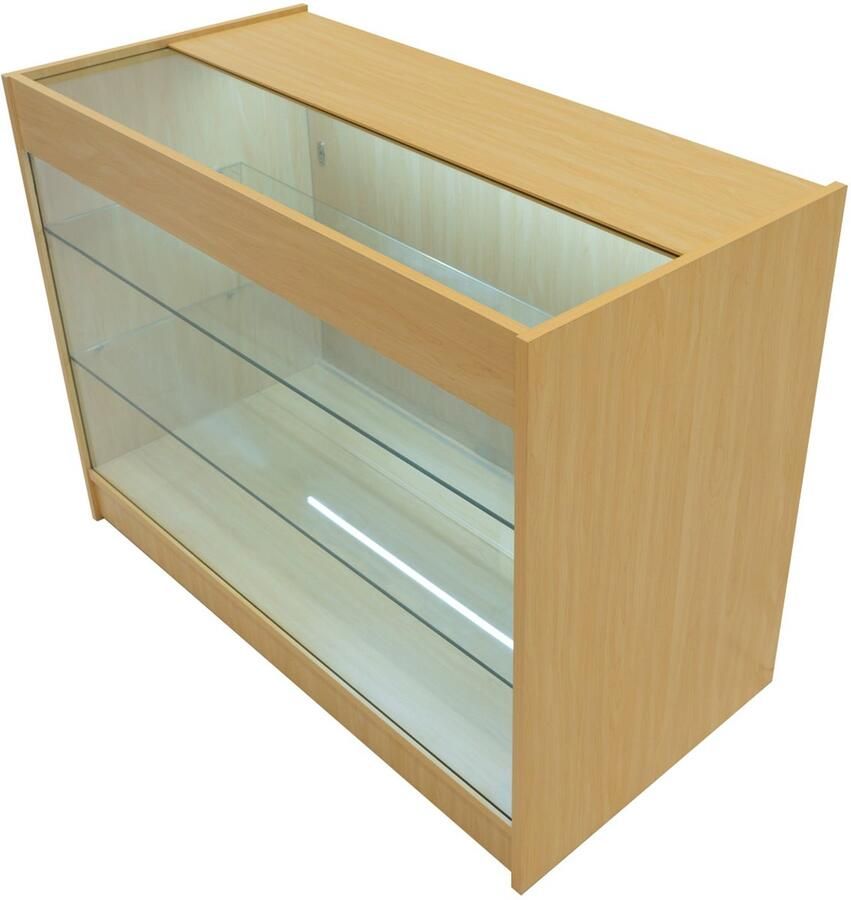 MonsterShop Esdoorn Winkel Toonbank LED Verlichting K1200 Afsluitbaar Schuifdeuren 2 Sleutels Detailhandel Opbergkast Glas Vitrine Display Kast Receptie Bureau 3 Planken Koele Witte Lampen