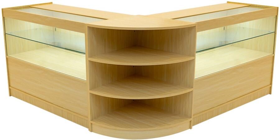 MonsterShop Esdoorn Winkel Toonbank Set Andromeda LED Verlichting C1200 LM60 Afsluitbaar Schuifdeuren Sleutels 3 Detailhandel Hoek Opbergkast Glas Vitrine Display Kast Binnenplanken Witte Lampen