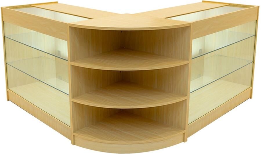 MonsterShop Esdoorn Winkel Toonbank Set Apollo LED Verlichting K1200 LM60 Afsluitbaar Schuifdeuren Sleutels 3 Detailhandel Hoek Opbergkast Glas Vitrine Display Kast Binnen Planken Witte Lampen