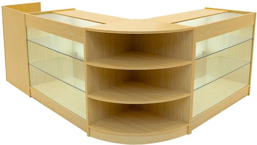 MonsterShop Esdoorn Winkel Toonbank Set Astro LED Verlichting K1200 LM60 TB60 Afsluitbaar Schuifdeuren Sleutels 3 Detailhandel Opbergkast Kassabalie Glas Hoek Vitrine Display Kast Planken Lampen