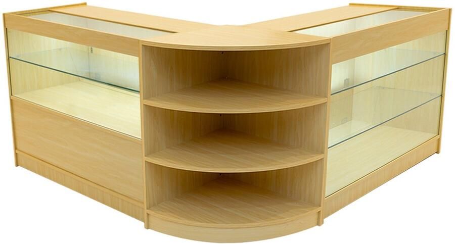 MonsterShop Esdoorn Winkel Toonbank Set Calliope LED Verlichting K1200 C1200 LM60 Afsluitbaar Schuifdeuren Sleutels 3 Detailhandel Opbergkast Kassabalie Glas Hoek Vitrine Display Kast Binnen Planken Witte Lampen