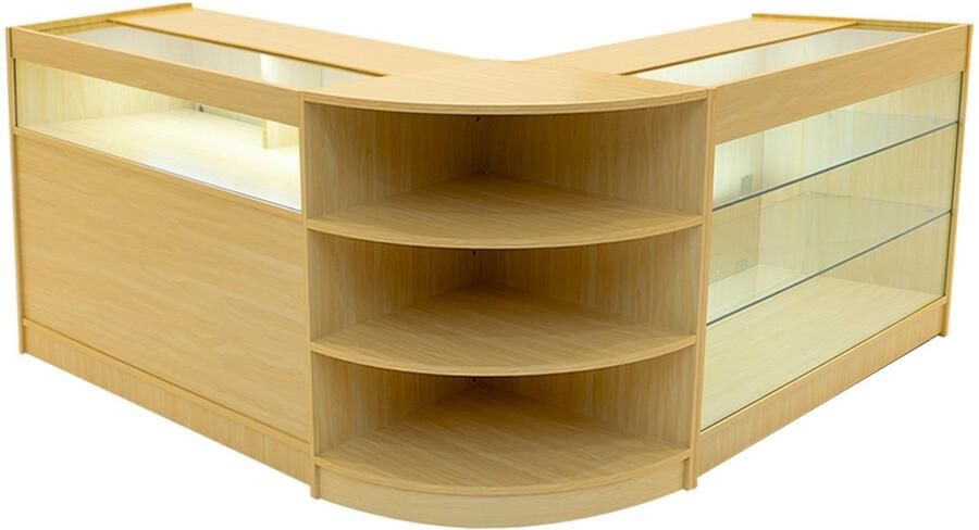 MonsterShop Esdoorn Winkel Toonbank Set Demeter LED Verlichting K1200 B1200 LM60 Afsluitbaar Schuifdeuren Sleutels 3 Detailhandel Opbergkast Glas Hoek Vitrine Display Kast Binnen Planken Witte Lampen