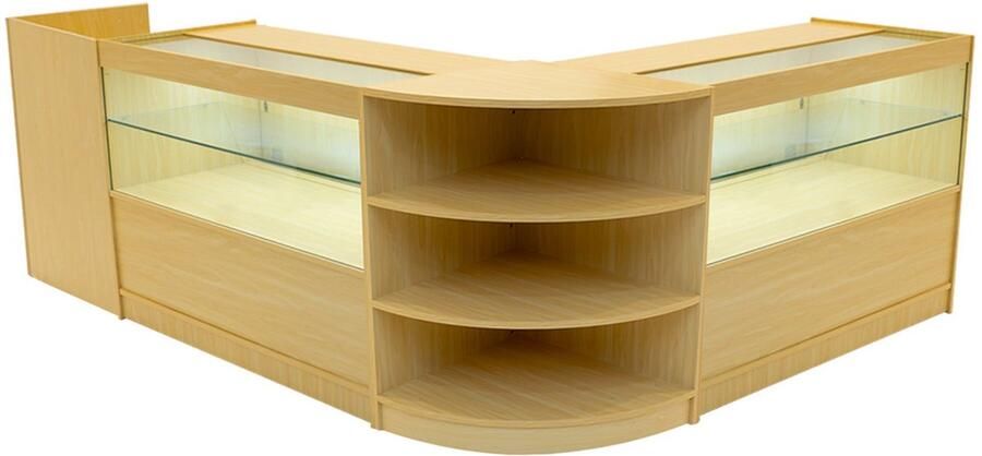 MonsterShop Esdoorn Winkel Toonbank Set Eclipse LED Verlichting C1200 LM60 TB60 Afsluitbaar Schuifdeuren Sleutels 3 Detailhandel Opbergkast Kassabalie Glas Vitrine Kast Hoek Planken Witte Lampen