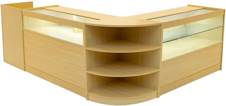 MonsterShop Esdoorn Winkel Toonbank Set Europa LED Verlichting B1200 C1200 LM60 TB60 Afsluitbaar Schuifdeuren Sleutels 3 Detailhandel Opbergkast Kassabalie Glas Vitrine Kast Hoek Planken Witte Lampen