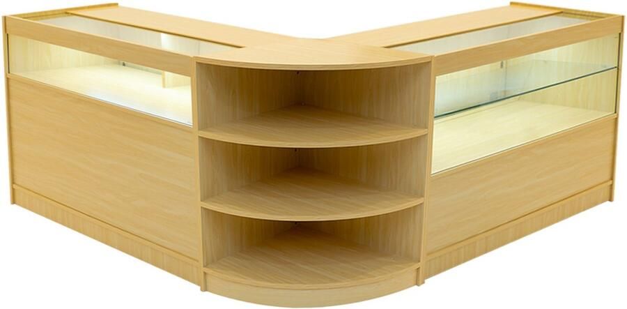 Monster Shop NL Esdoorn Winkel Toonbank Set Harmonia LED Verlichting B1200 C1200 LM60 Afsluitbaar Schuifdeuren Sleutels 3 Detailhandel Opbergkast Glas Vitrinekast Hoek Binnen Planken Witte Lampen