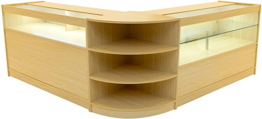 MonsterShop Esdoorn Winkel Toonbank Set Harmonia LED Verlichting B1500 C1500 LM60 Afsluitbaar Schuifdeuren Sleutels 3 Detailhandel Opbergkast Glas Vitrinekast Hoek Binnen Planken Witte Lampen