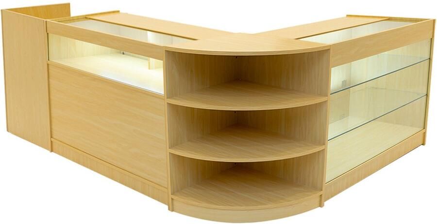 MonsterShop Esdoorn Winkel Toonbank Set Hyperion LED Verlichting K1200 B1200 LM60 TB60 Afsluitbaar Schuifdeuren Sleutels 3 Detailhandel Opbergkast Kassabalie Glas Vitrinekast Hoek Planken Witte Lampen