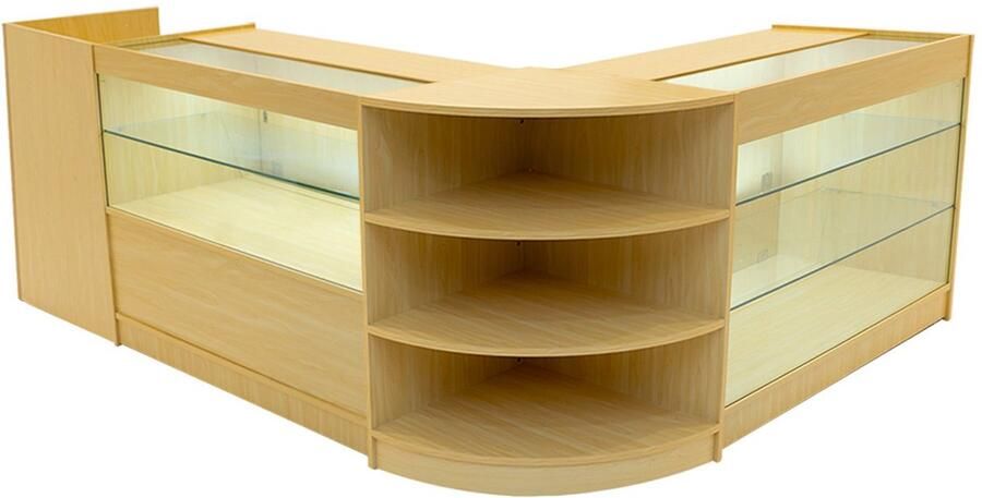 Monster Shop NL Esdoorn Winkel Toonbank Set Theia LED Verlichting K1200 C1200 LM60 TB60 Afsluitbaar Schuifdeuren Sleutels Detailhandel Opbergkast Kassabalie Glas Vitrinekast Hoek Binnen Planken Schappen Witte Lampen