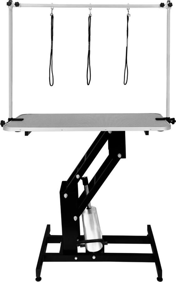 MonsterShop Grijs Hydraulische Hondentrimeertafel Verstelbare H-bar voor 180 kg 106cm x 61cm Rubberen Blad Zware Uitvoering Stalen Frame in Zwart 4 Verstelbare Stabiele Poten 3 Lusvormige Lijnen