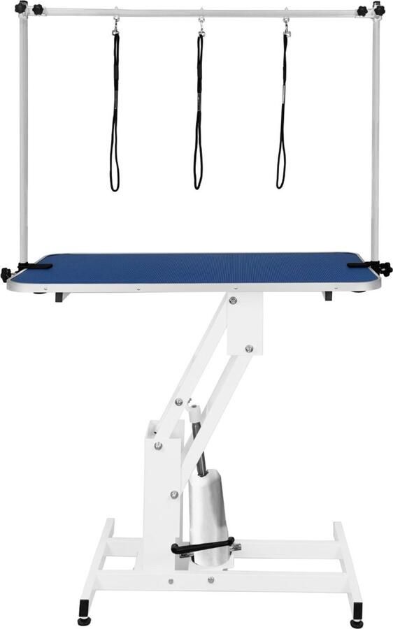 MonsterShop Blauw Hydraulische Hondentrimeertafel Verstelbare H-bar voor 180 kg 106cm x 61cm Rubberen Blad Zware Uitvoering Stalen Frame in Wit 4 Verstelbare Stabiele Poten 3 Lusvormige Lijnen