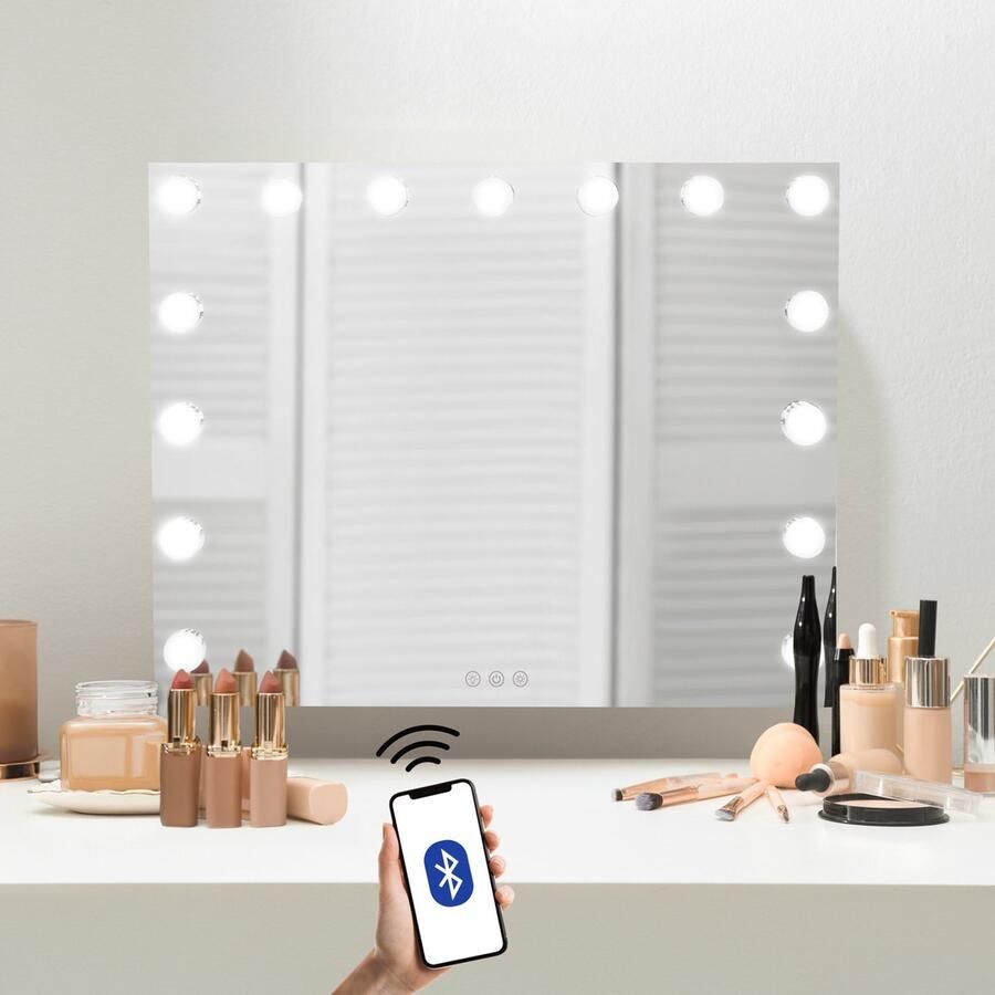 MonsterShop Verlichte Hollywood Spiegel 15 LED Vanity Make-up Tafel Wand Touchscreen Dimbaar 3 Kleuren Modus Bluetooth Speaker 2 Oplaadpoorten USB-A & USB-C Microvezel Reinigingsdoek 10x Vergrootspiegel
