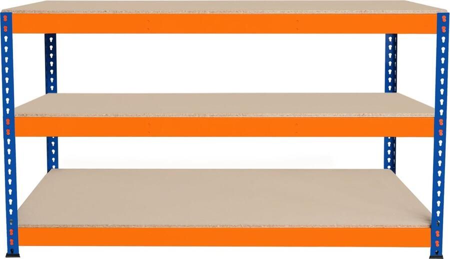 MonsterShop Garage werkbank 150x60x90cm 3 Planken Versterkt Staal 300kg Plank Schroefloze Montage Verstelbare Indeling Rubbervoeten 2 Ondersteuningsbalken