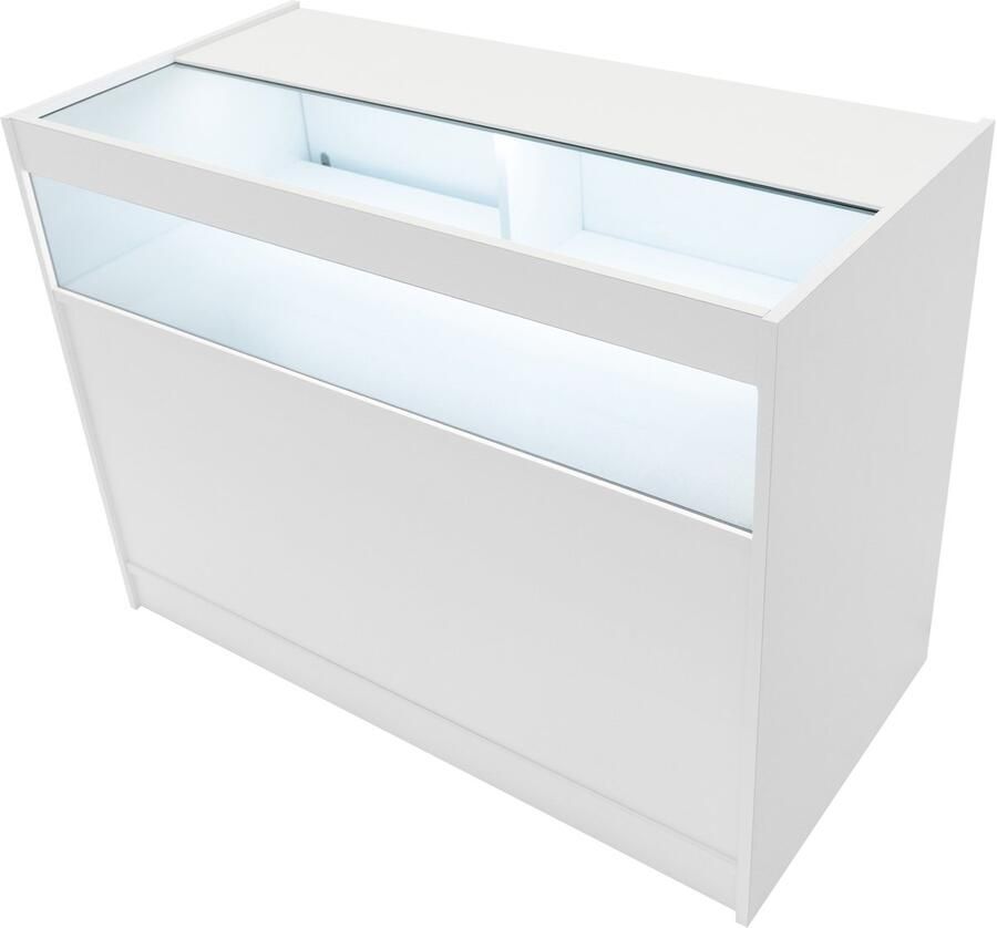 MonsterShop Wit Winkel Toonbank LED Verlichting B1200 Afsluitbaar Schuifdeuren 2 Sleutels Detailhandel Opbergkast Glas Vitrine Display Kast Receptie Bureau 3 Planken 1 Open 2 Gesloten Schappen Witte Lampen