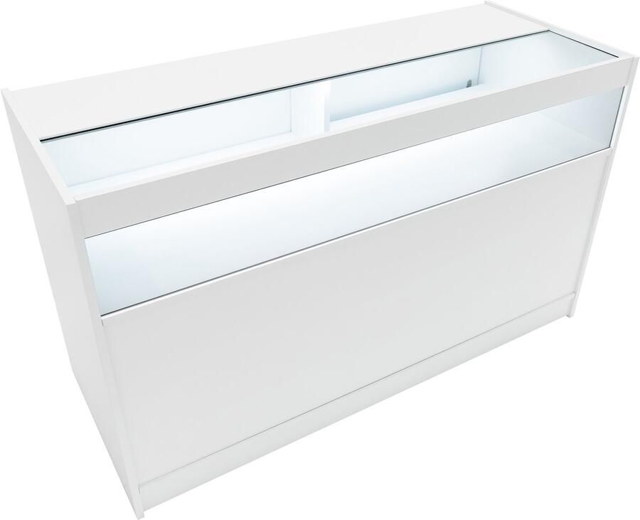 MonsterShop Wit Winkel Toonbank LED Verlichting B1500 Afsluitbaar Schuifdeuren 2 Sleutels Detailhandel Opbergkast Glas Vitrine Display Kast Receptie Bureau 3 Planken 1 Open Schap 2 Gesloten Schappen Witte Lampen