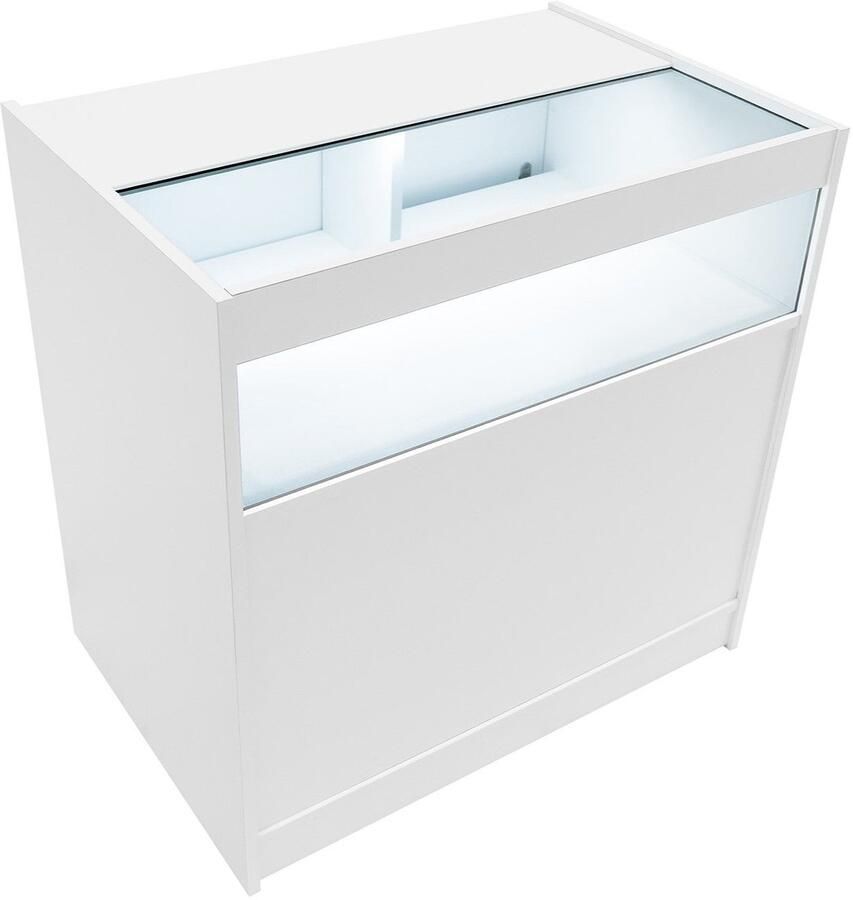 MonsterShop Wit Winkel Toonbank LED Verlichting B900 Afsluitbaar Schuifdeuren 2 Sleutels Detailhandel Opbergkast Glas Vitrine Display Kast Receptie Bureau 3 Planken 1 Open 2 Gesloten Schappen Witte Lampen