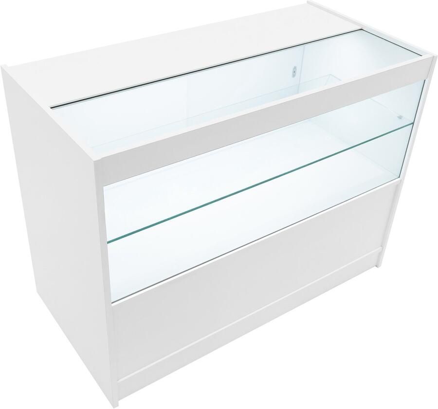 MonsterShop Wit Winkel Toonbank LED Verlichting C1200 Afsluitbaar Schuifdeuren 2 Sleutels Detailhandel Opbergkast Glas Vitrine Display Kast Receptie Bureau 3 Planken 2 Open 1 Gesloten Schappen Witte Lampen