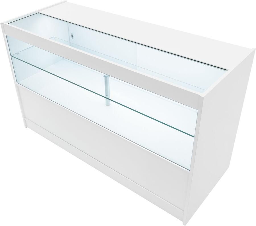 MonsterShop Wit Winkel Toonbank LED Verlichting C1500 Afsluitbaar Schuifdeuren 2 Sleutels Detailhandel Opbergkast Glas Vitrine Display Kast Receptie Bureau 3 Planken 2 Open Schappen 1 Gesloten Schap Witte Lampen