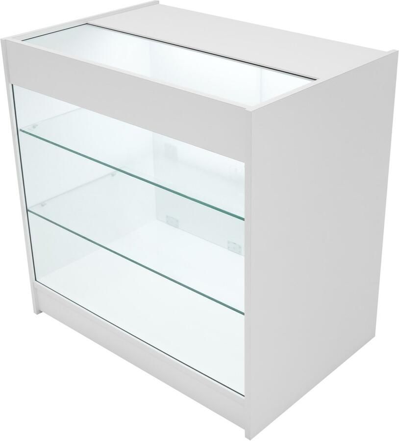 MonsterShop Wit Winkel Toonbank LED Verlichting K900 Afsluitbaar Schuifdeuren 2 Sleutels Detailhandel Opbergkast Glas Vitrine Display Kast Receptie Bureau 3 Planken Koele Witte Lampen