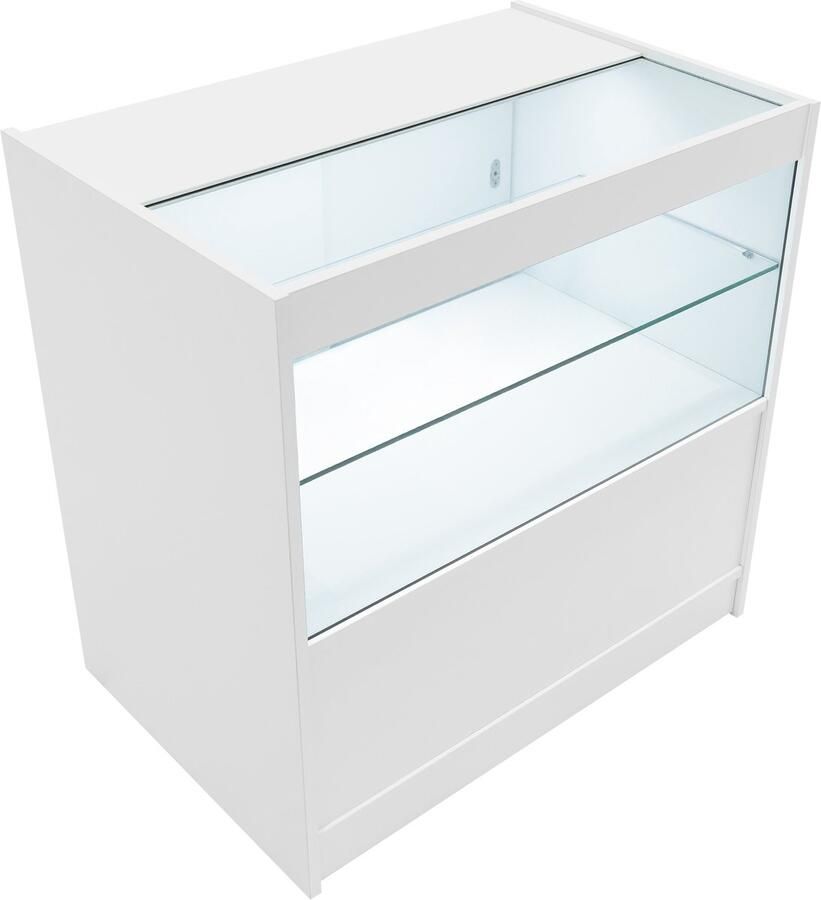 MonsterShop Wit Winkel Toonbank LED Verlichting C900 Afsluitbaar Schuifdeuren 2 Sleutels Detailhandel Opbergkast Glas Vitrine Display Kast Receptie Bureau 3 Planken 2 Open Schappen 1 Gesloten Schap Witte Lampen