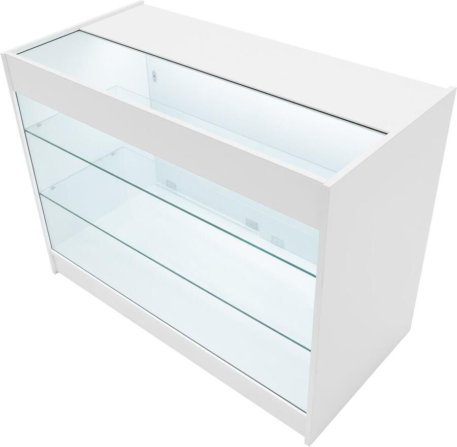 MonsterShop Wit Winkel Toonbank LED Verlichting K1200 Afsluitbaar Schuifdeuren 2 Sleutels Detailhandel Opbergkast Glas Vitrine Display Kast Receptie Bureau 3 Planken Koele Witte Lampen