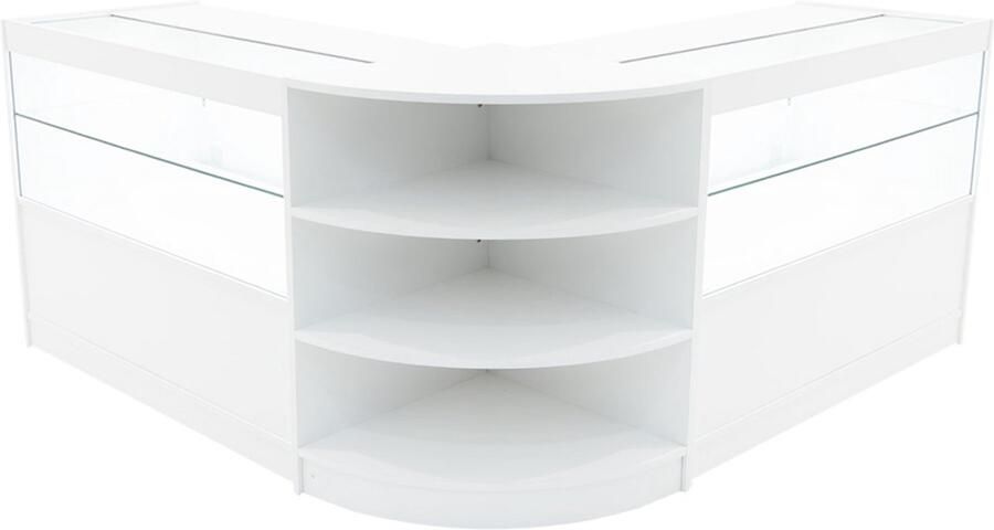 MonsterShop Wit Winkel Toonbank Set Andromeda LED Verlichting C1200 LM60 Afsluitbaar Schuifdeuren Sleutels 3 Detailhandel Hoek Opbergkast Glas Vitrine Display Kast Binnenplanken Witte Lampen