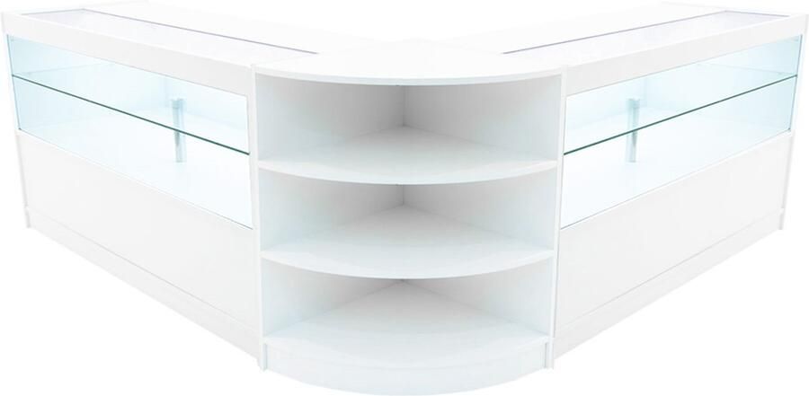MonsterShop Wit Winkel Toonbank Set Andromeda LED Verlichting C1500 LM60 Afsluitbaar Schuifdeuren Sleutels 3 Detailhandel Hoek Opbergkast Glas Vitrine Display Kast Binnenplanken Witte Lampen