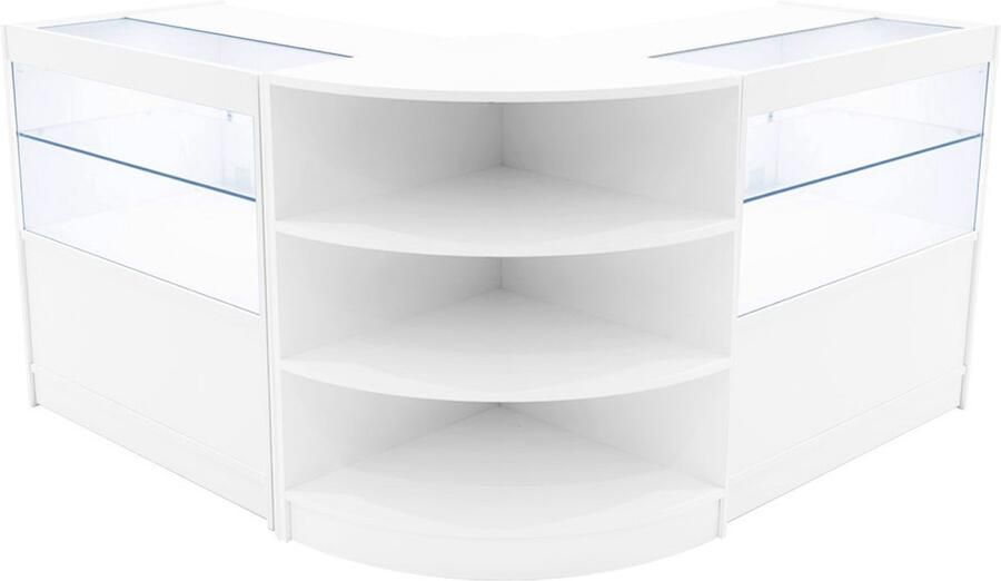 MonsterShop Wit Winkel Toonbank Set Andromeda LED Verlichting C900 LM60 Afsluitbaar Schuifdeuren Sleutels 3 Detailhandel Hoek Opbergkast Glas Vitrine Display Kast Binnenplanken Witte Lampen